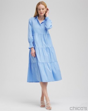 Chico's Poplin Tiered Shirt Dress Dresses Blue Veil | 086-BGMEAT