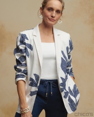 Chico's Printed Linen Blend Stretch Blazer Jackets & Coats Alabaster | 431-QKSILM