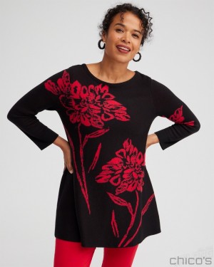 Chico's Red Floral Pullover Sweater Sweaters Black | 306-GDZJFN