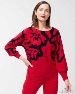 Chico's Red Print Pullover Sweater Sweaters Wild Poppy | 589-ZMONDW