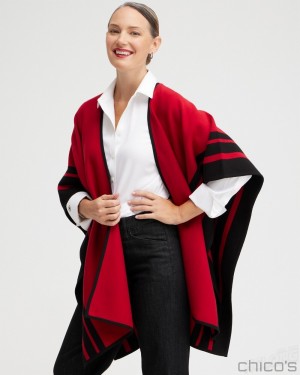 Chico's Red Stripe Border Ruana Ponchos & Ruanas Red Allure | 741-CBATHS