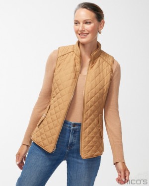 Chico's Rib Trim Quilted Vest Jackets & Coats Camel | 085-VONJKI