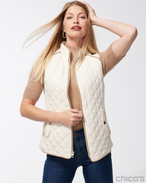 Chico's Rib Trim Quilted Vest Jackets & Coats English Cream | 164-UZQRDF