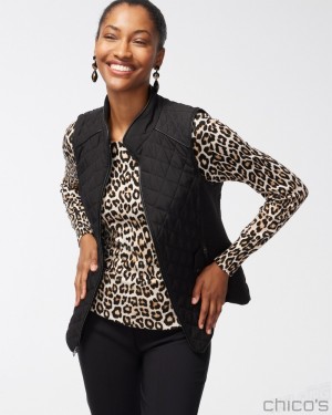 Chico's Rib Trim Quilted Vest Jackets & Coats Black | 259-LEJCZO