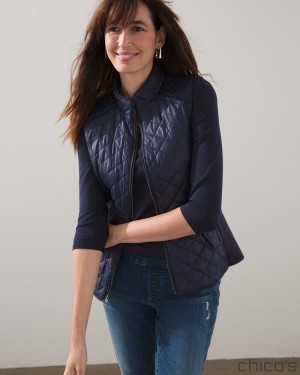 Chico's Rib Trim Quilted Vest Jackets & Coats Classic Navy | 986-NIVXHR