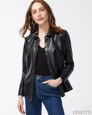 Chico's Riveted Faux Leather Peplum Jacket Jackets & Coats Black | 517-XJKCLS