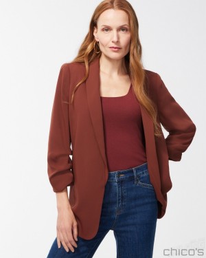 Chico's Ruched Sleeve Blazer Jackets & Coats Chocolate Fondant | 634-GCFUHY