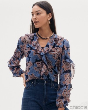 Chico's Ruffle Detail Floral Blouse Blouses & Shirts Ginger Rose | 859-XHZJCI