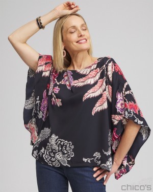 Chico's Ruffle Detail Floral Poncho Ponchos & Ruanas Classic Navy | 059-NDPXML