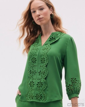 Chico's Satin Eyelet Top Blouses & Shirts Verdant Green | 142-XSLMJW