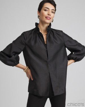 Chico's Satin Ruffle Collar Jacket Jackets & Coats Black | 389-OLJZHN