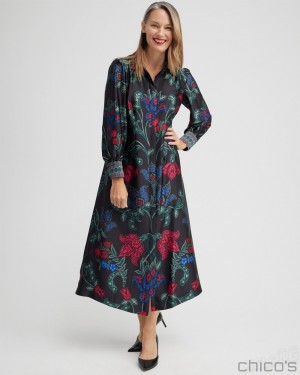 Chico's Satin Scroll Print Shirt Dress Dresses Black | 398-FOPVLI