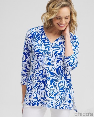 Chico's Scrolls Henley Side Slit Tunic Tops Intense Azure | 951-DEYXRT