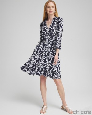 Chico's Scrolls Ruffle Bell Sleeve Dress Dresses Classic Navy | 325-VIYHXU