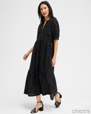 Chico's Sequin Eyelets Tiered Dress Dresses Black | 894-RPYDLA