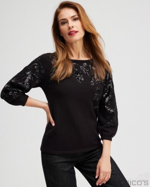 Chico's Sequin Floral Pullover Sweater Sweaters Black | 023-OWMQKY