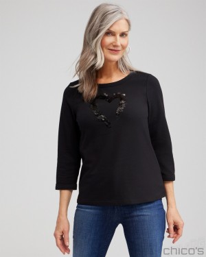 Chico's Sequins Heart Valentine's Tee Tees & Tanks Black | 413-FTEZSD