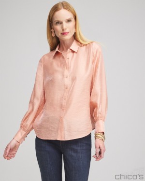 Chico's Shimmery Long Sleeve Shirt Blouses & Shirts Pink Clay | 364-IZLXGA