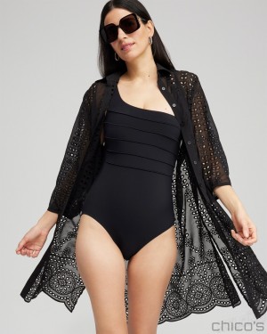 Chico's Shirt Dress Swim Coverup Swim Black | 562-MJAIPZ