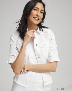 Chico's Short Sleeve Eyelet Denim Jacket Jackets & Coats Alabaster | 138-SUGRNO