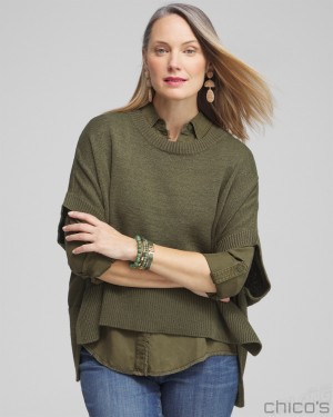 Chico's Short Sleeve Knit Poncho Ponchos & Ruanas Olive | 432-ECLGTZ