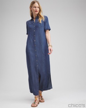 Chico's Short Sleeve Maxi Shirt Dress Dresses Marina Bay Indigo | 089-WBFXAZ