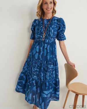 Chico's Silk Blend Half Moon Midi Dress Dresses Classic Navy | 291-NHQJXZ