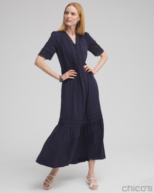 Chico's Silk Blend Ric Rac Trim Dress Dresses Classic Navy | 460-LPKGIU