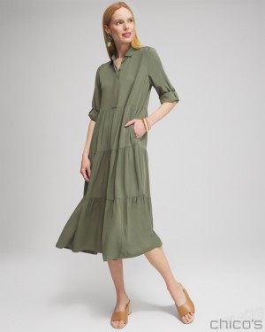 Chico's Silk Blend Tiered Midi Dress Dresses Olive | 273-BFKQOT