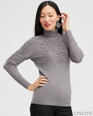 Chico's Silver Soutache Turtleneck Sweater Sweaters Gray | 058-XJHPGI