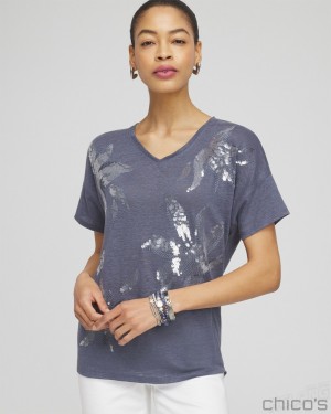 Chico's Slate Linen Sequin Tee Tees & Tanks Soft Slate | 518-TRWSBN