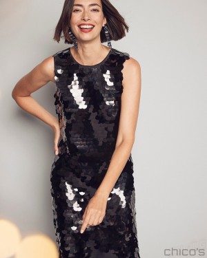 Chico's Sleeveless Sequin Dress Dresses Black | 972-DNQYIV