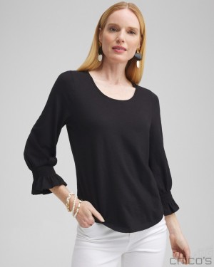 Chico's Smocked 3/4 Sleeve Tee Tees & Tanks Black | 124-FNYXAI