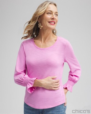 Chico's Smocked 3/4 Sleeve Tee Tees & Tanks Pink Dawn | 408-BTMPCU