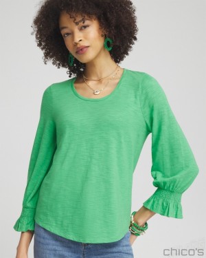 Chico's Smocked 3/4 Sleeve Tee Tees & Tanks GRASSY GREEN | 914-LATYCD