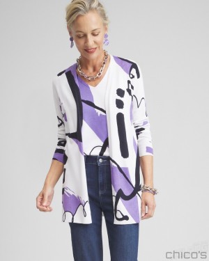 Chico's Spun Rayon Abstract Print Cardigan Sweaters Parisian Purple | 652-IFRASN