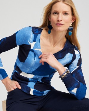 Chico's Spun Rayon Abstract V-neck Pullover Sweaters Classic Navy | 927-LNTGSY