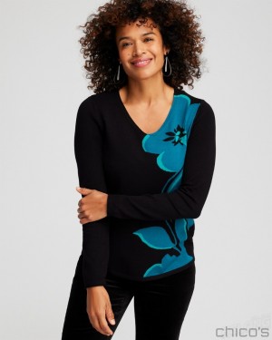 Chico's Spun Rayon Colorblock V-neck Pullover Sweater Sweaters Moonlit Teal | 531-IUAETP