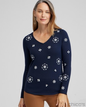 Chico's Spun Rayon Embellished V-neck Pullover Sweaters Classic Navy | 015-ZLCSDN