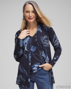 Chico's Spun Rayon Floral Cardigan Sweaters Classic Navy | 698-ACOHZB