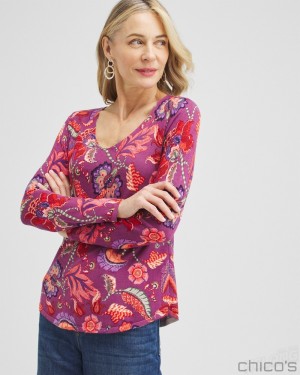 Chico's Spun Rayon Floral V-neck Pullover Sweaters Ginger Rose | 972-RCNHQI