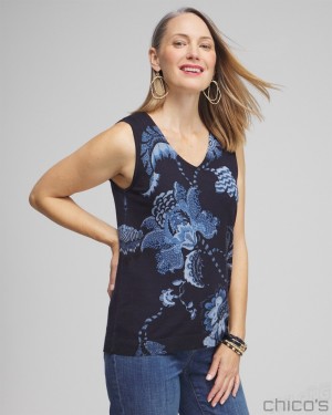 Chico's Spun Rayon Floral V-neck Tank Tees & Tanks Classic Navy | 827-FASLTV