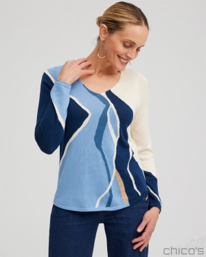 Chico's Spun Rayon Intarsia V-neck Pullover Sweaters Azores Blue | 385-UXYBNZ