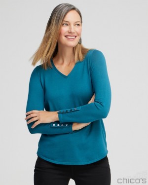 Chico's Spun Rayon V-neck Pullover Sweater Sweaters Moonlit Teal | 139-KMWXLR