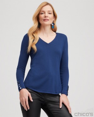 Chico's Spun Rayon V-neck Pullover Sweater Sweaters Azores Blue | 214-WUGAPL