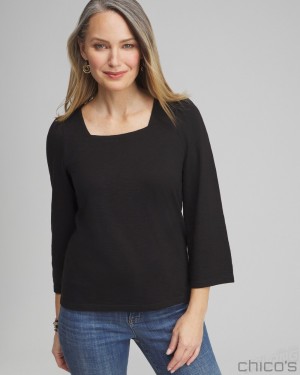 Chico's Square Neck Bell Sleeve Top Tees & Tanks Black | 293-TQYAFC