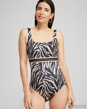 Chico's Square Neck One Piece Swimsuit Swim Black/Brown | 701-EDRNSB