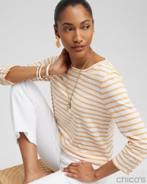 Chico's Stripe 3/4 Sleeve Button Tee Tees & Tanks Mango Sorbet | 984-IHTDYV