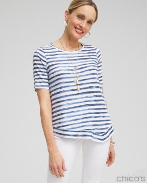 Chico's Stripe Asymmetrical Elbow Sleeve Tee Tees & Tanks Classic Navy | 065-KIGBHX