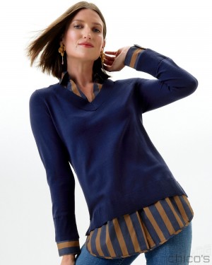 Chico's Stripe Built-in Shirt Sweater Sweaters Classic Navy | 640-FACSIP